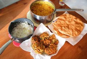 Dhal, Onion Bhajis, and poppadoms